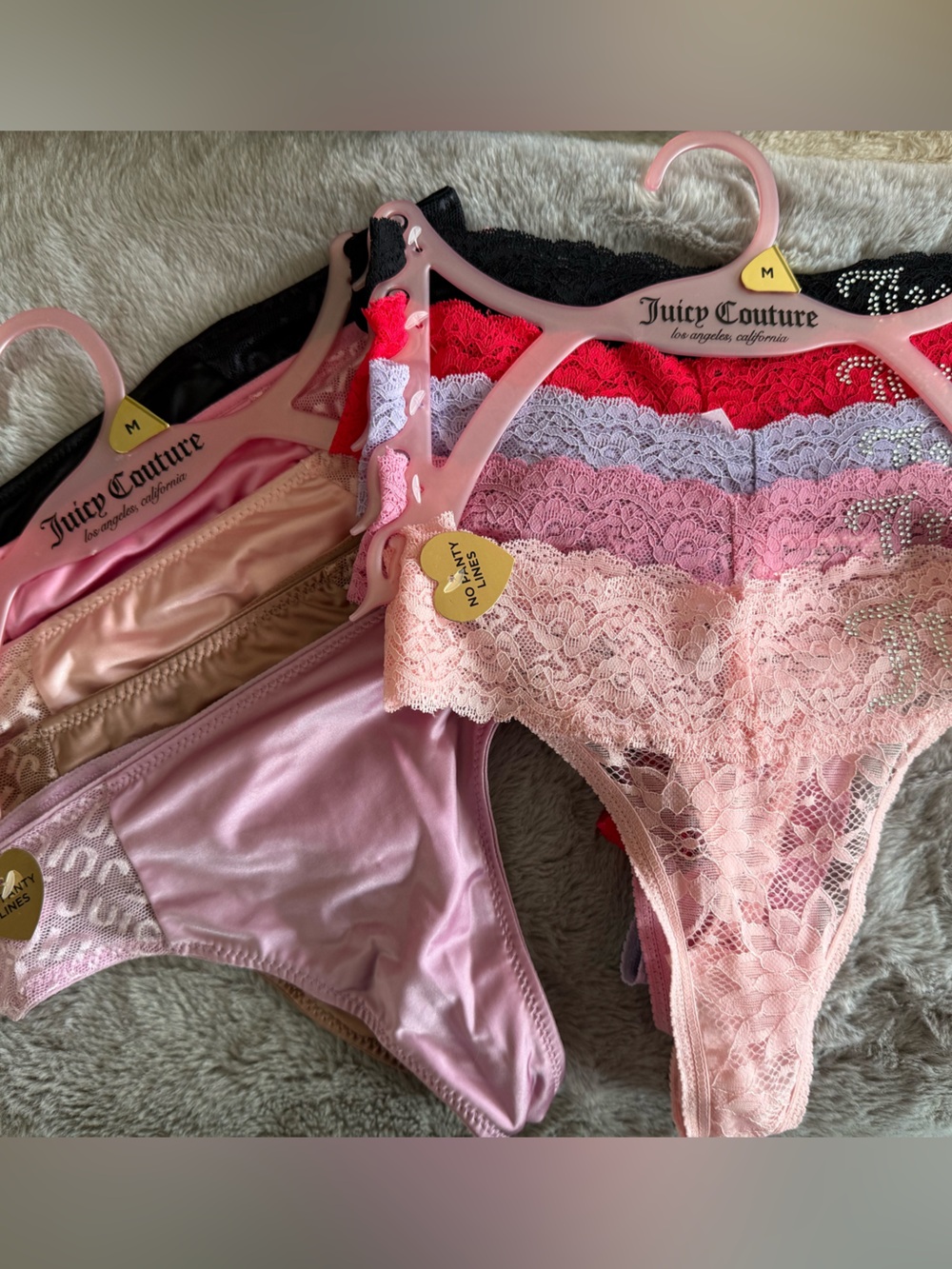 2 Juicy Couture Lace & Satin Thong Panties - Pink, Red, Purple, Black, Cream